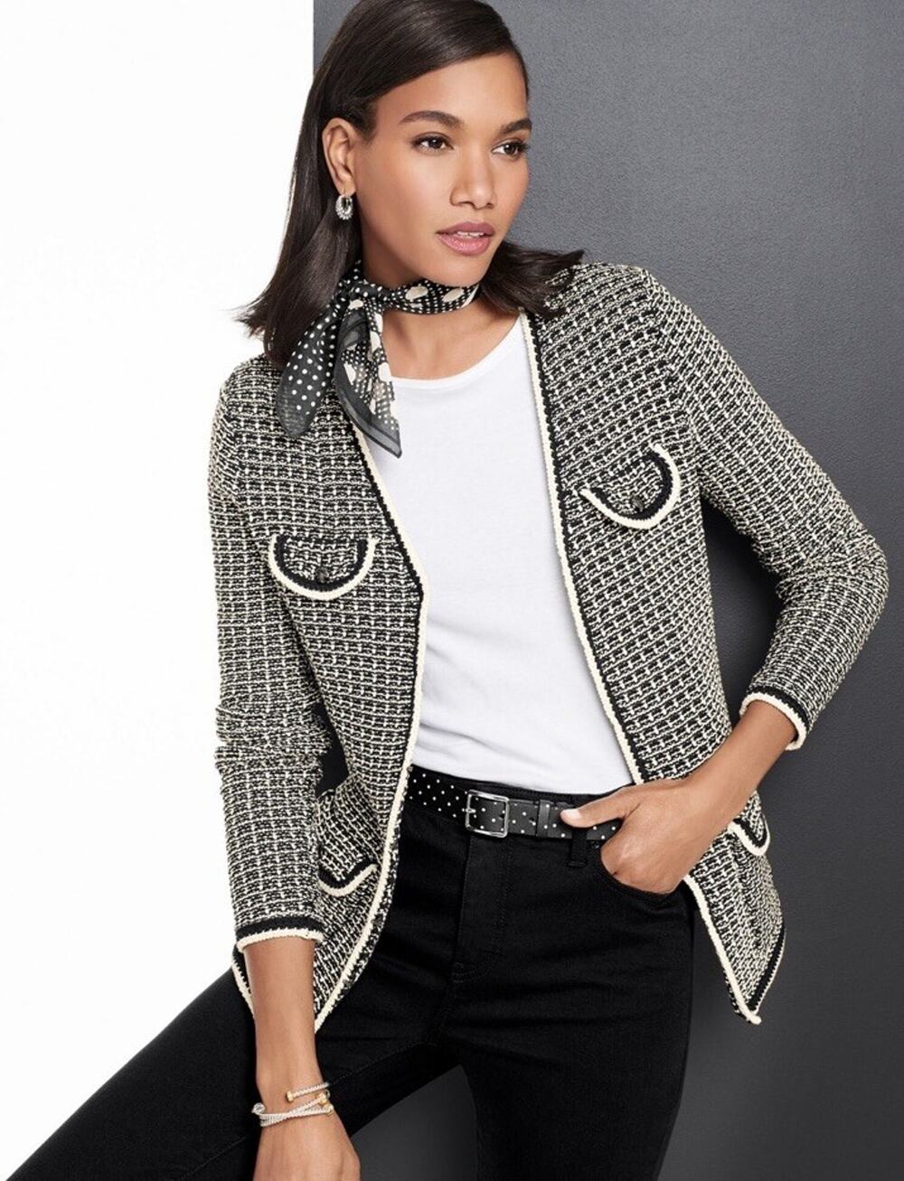 NWT Talbots Tipped Tweed Sweater Jacket Collarless Black White Size Large